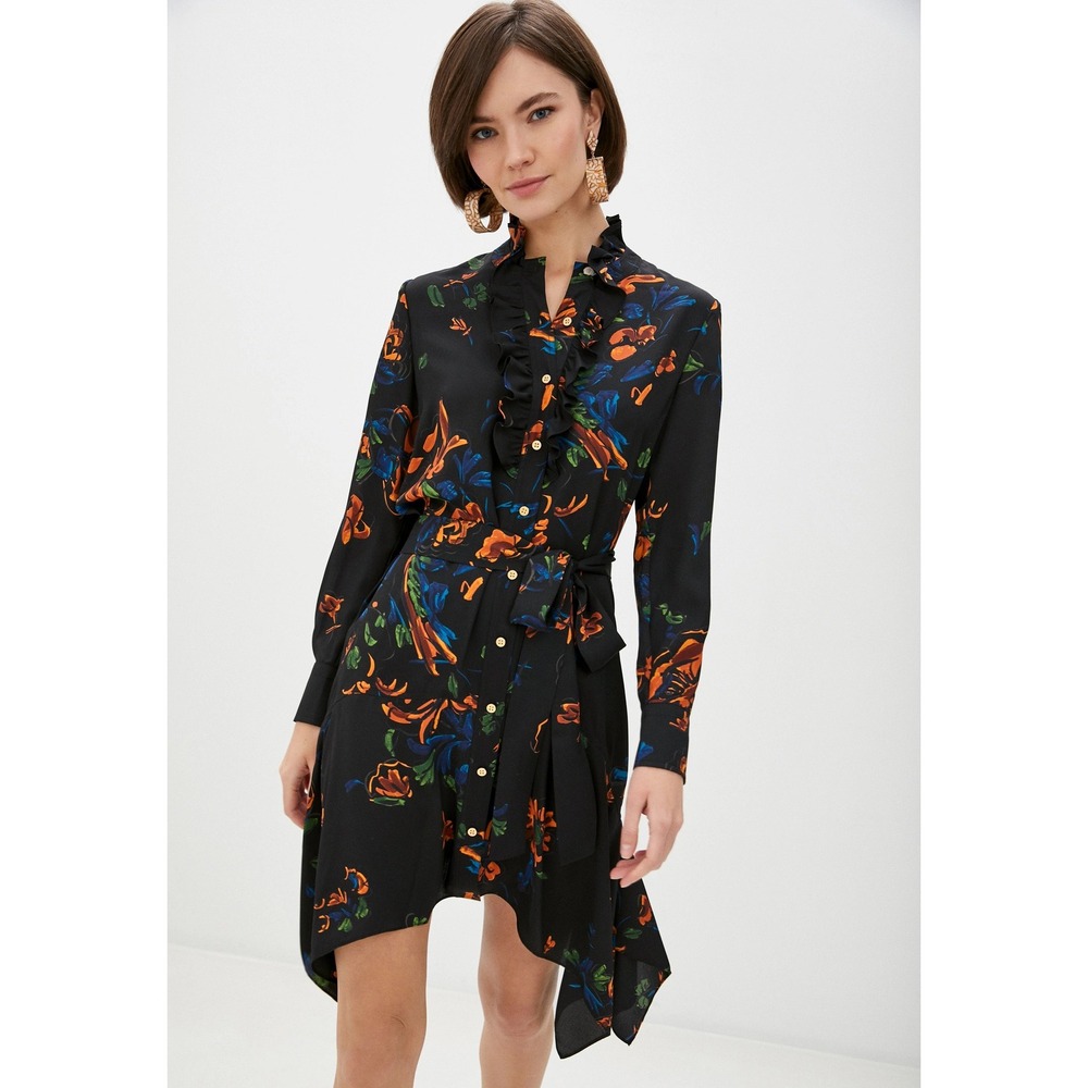 Tory Burch Cora‎ Printed Asymmetric Ruffle Long Sleeve Shirt Dress 74814 Size 6